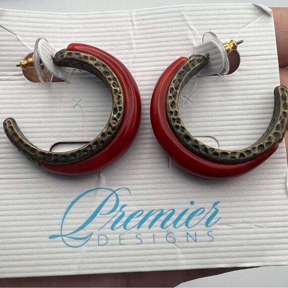 Premier Designs Red and Gold Textured Earrings - Picture 2 of 4